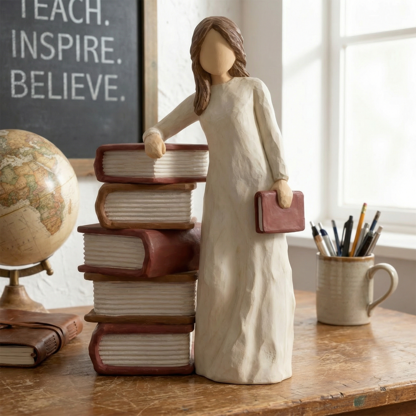 Charming Girl Holding Book Figurines