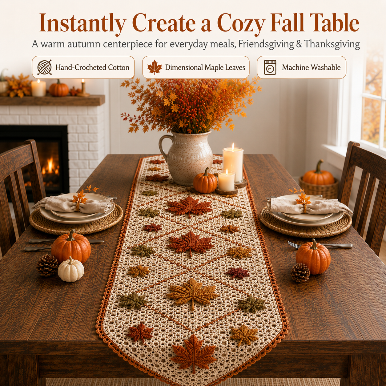 Vintage Crochet Autumn Leaves Table Runner