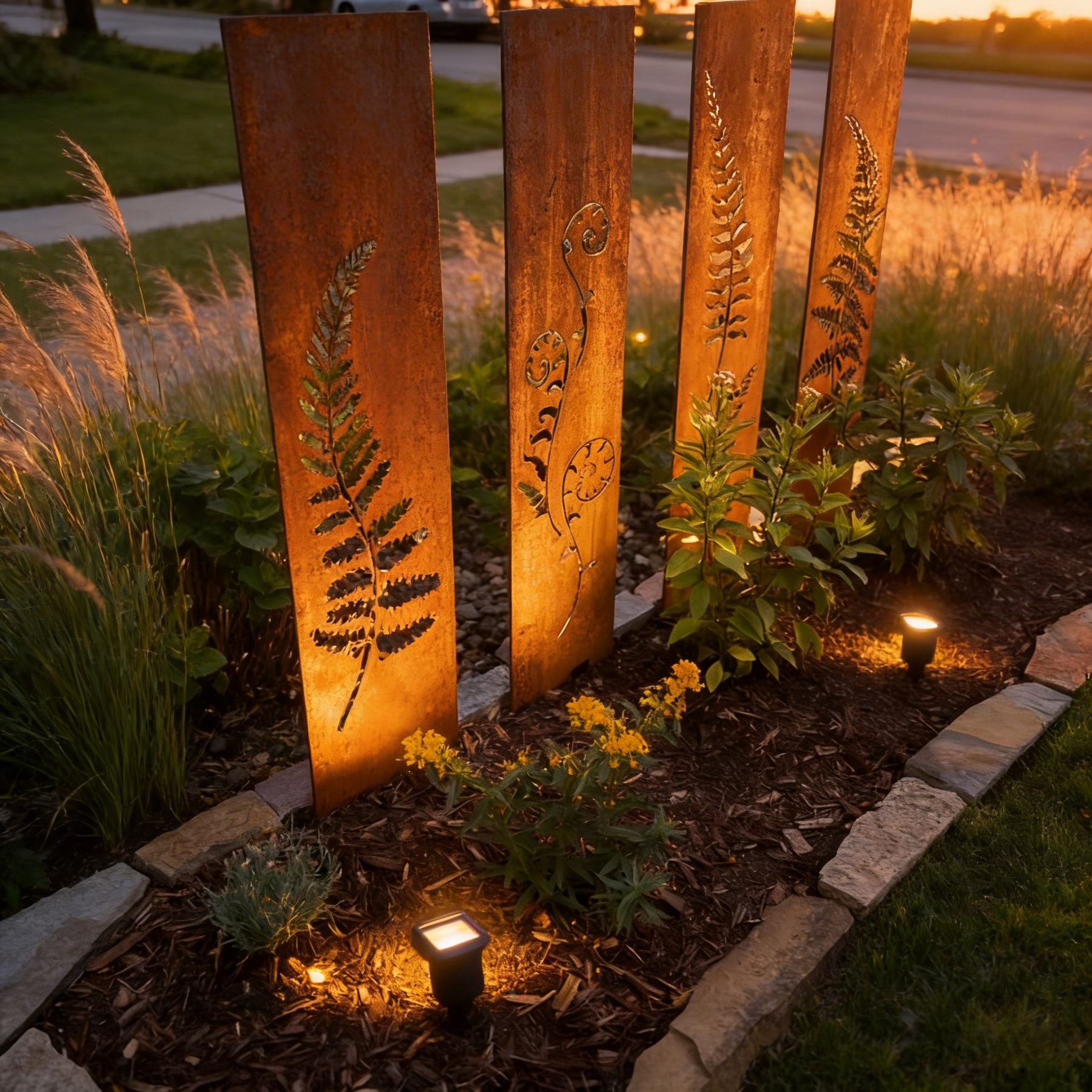 Hand-Welded Rustic Elegant Iron Fern Panel Privacy Screen - 4 Pcs