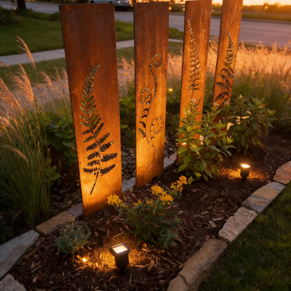 Hand-Welded Rustic Elegant Iron Fern Panel Privacy Screen - 4 Pcs