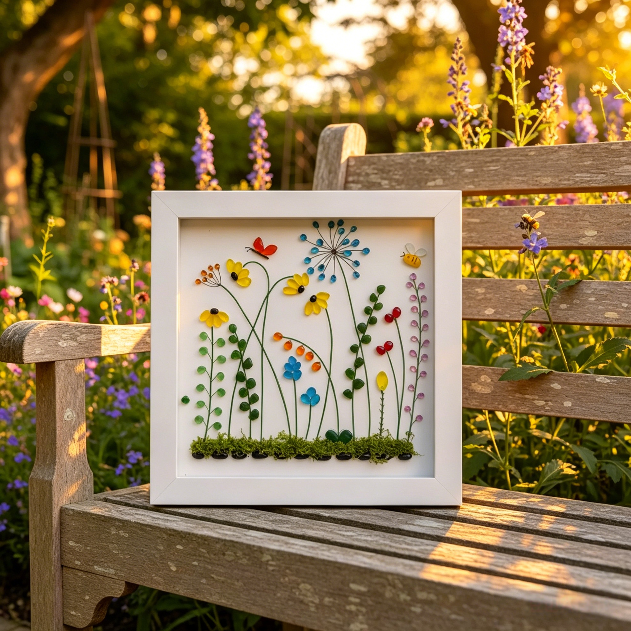 Handmade Beach Glass Flower Garden Picture