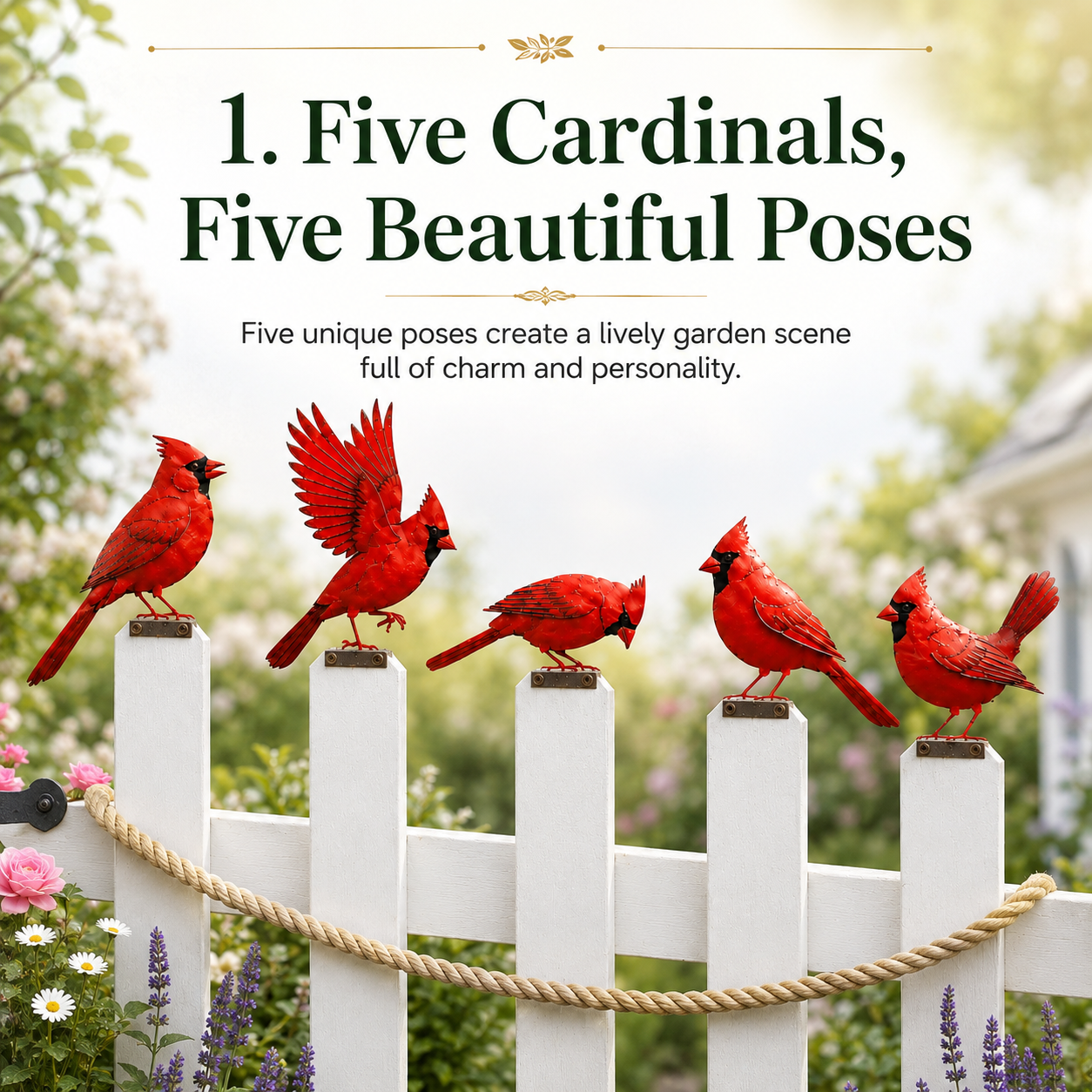 5-Piece Metal Cardinal Fence Post Decor Set