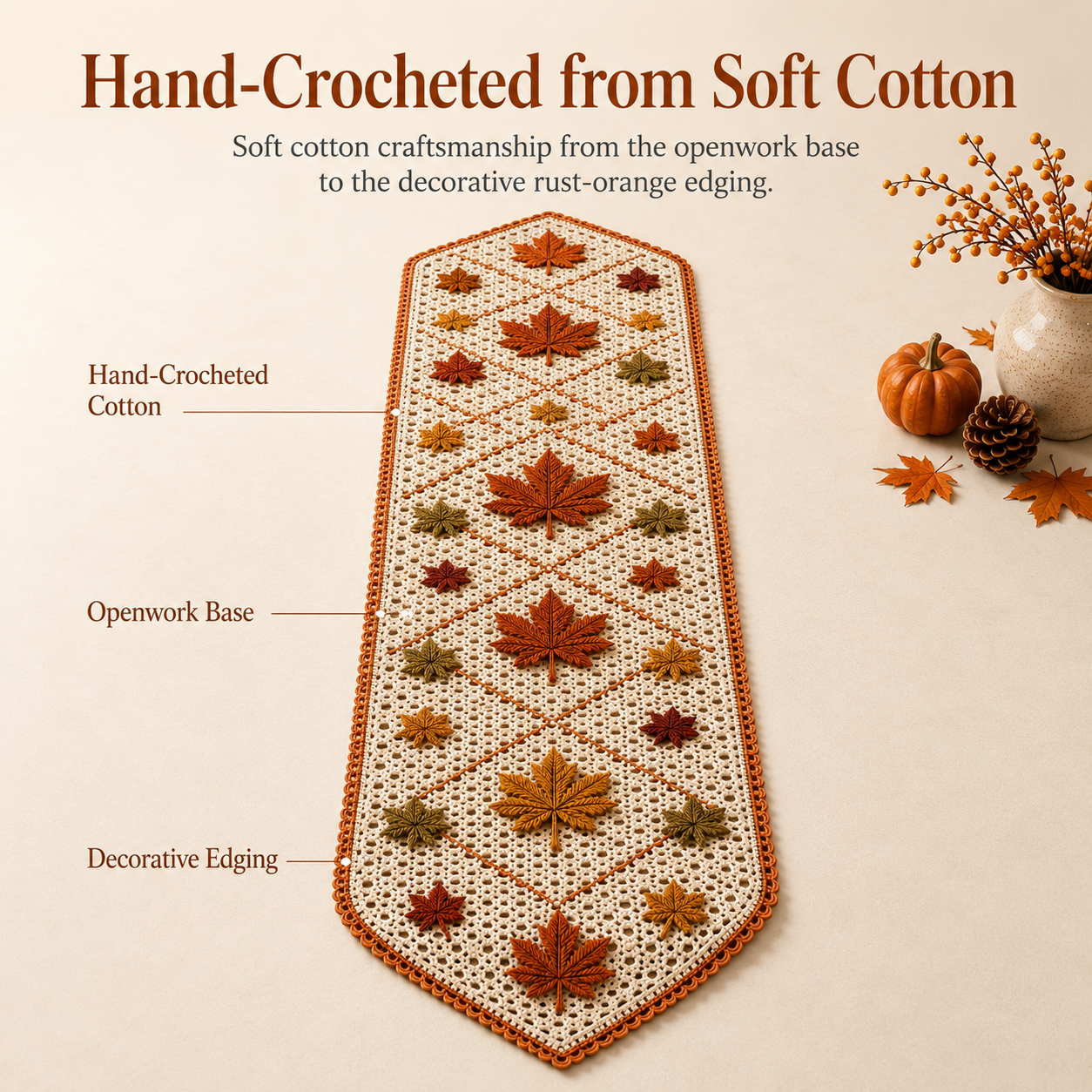 Vintage Crochet Autumn Leaves Table Runner
