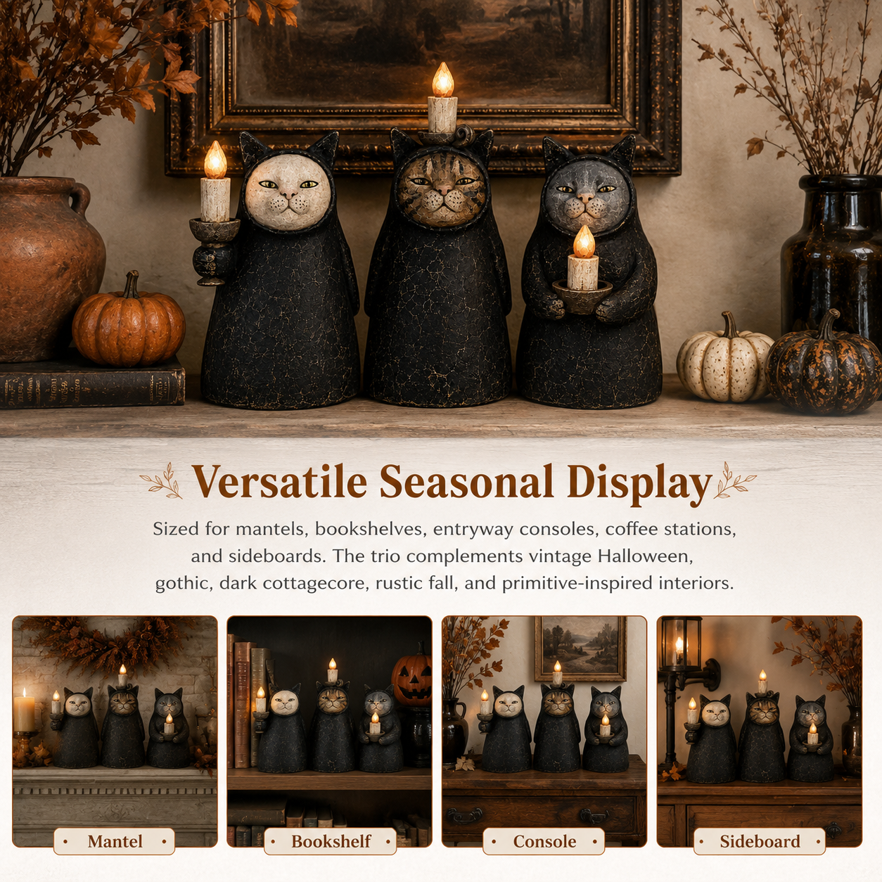 3-Piece Mysterious Hooded Cat Candlelight Figurine