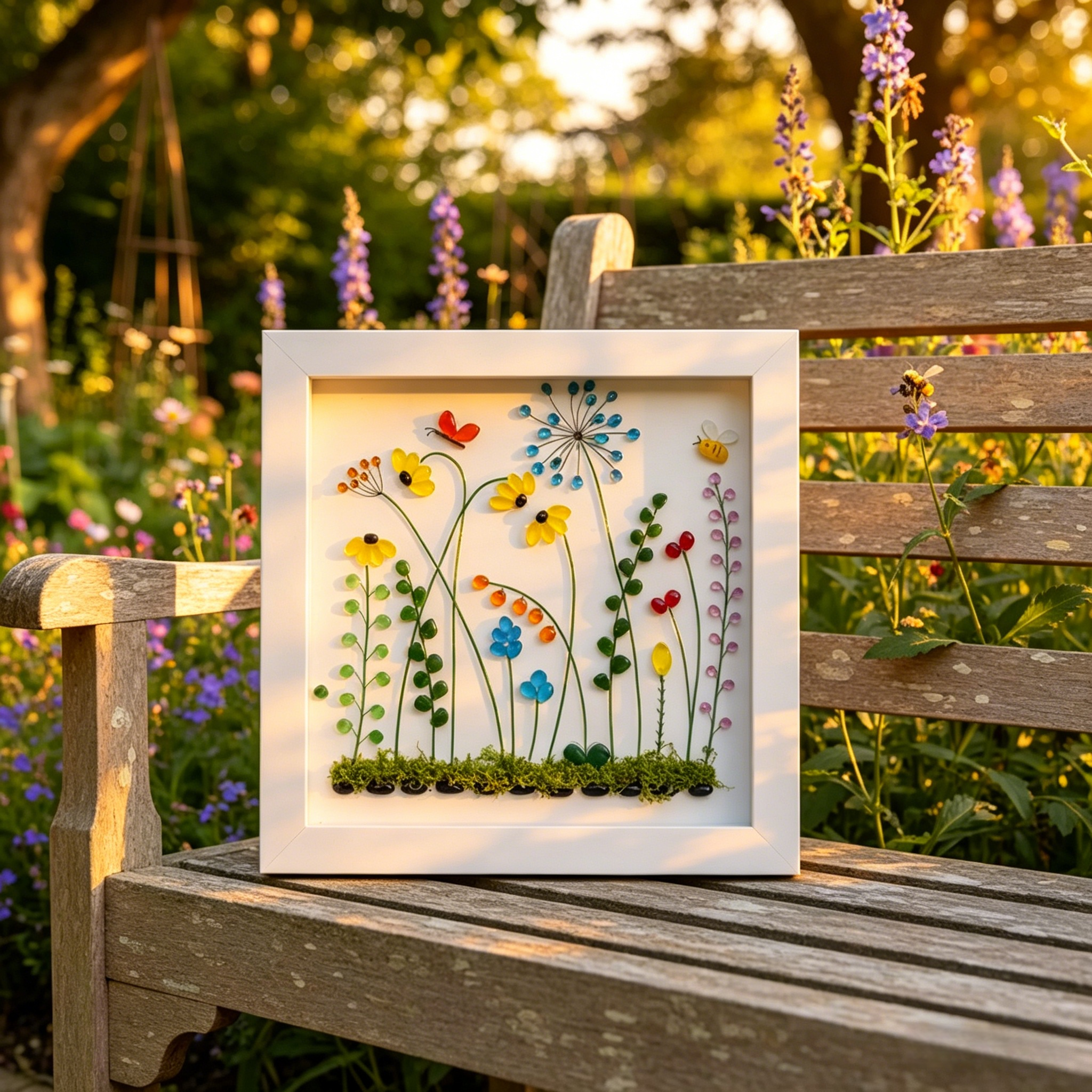 Handmade Beach Glass Flower Garden Picture