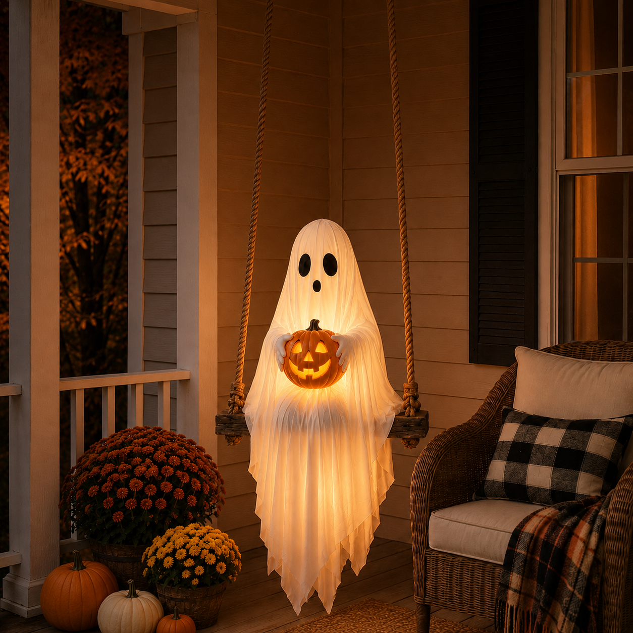 Lighted Ghost Swing with Glowing Pumpkin