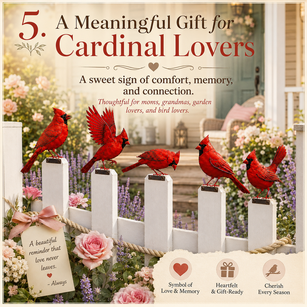 5-Piece Metal Cardinal Fence Post Decor Set