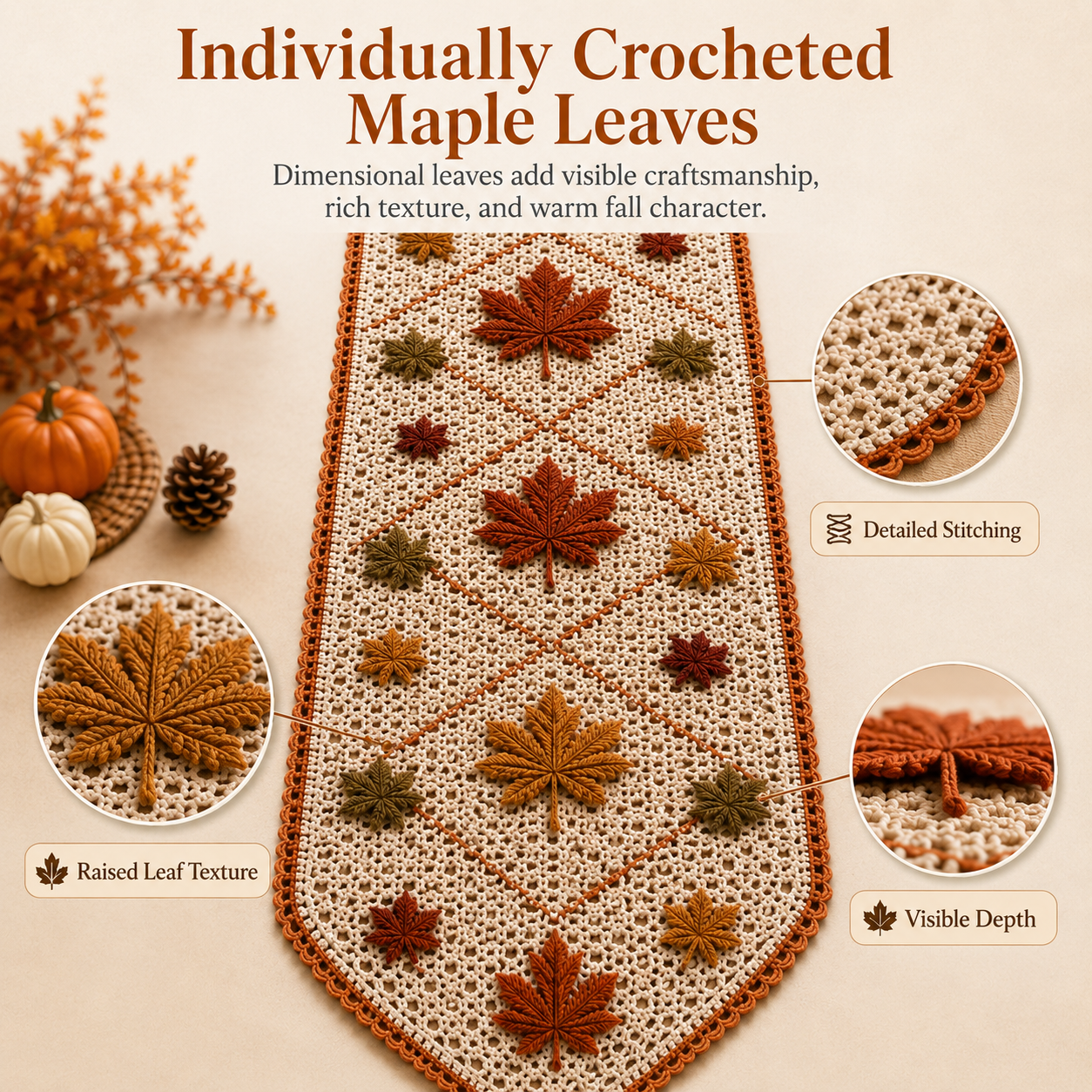 Vintage Crochet Autumn Leaves Table Runner