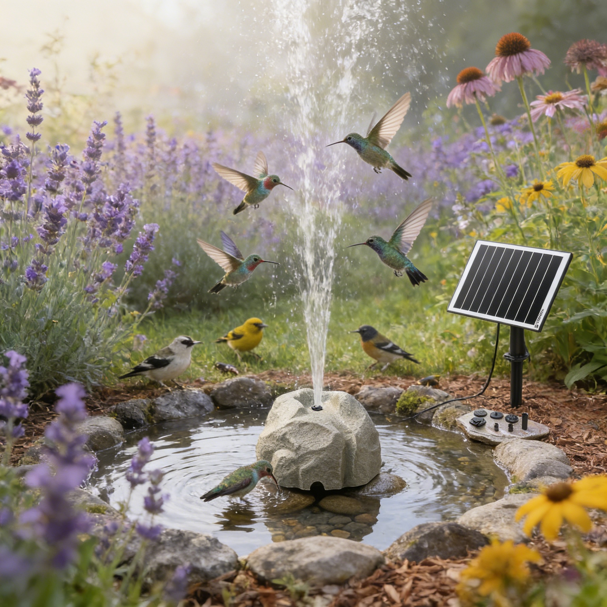 Solar Bird Bath Fountain with Realistic Granite Rock - Anti-Dry Run Water Pump, 10 Nozzles, High-Efficiency Solar Panel