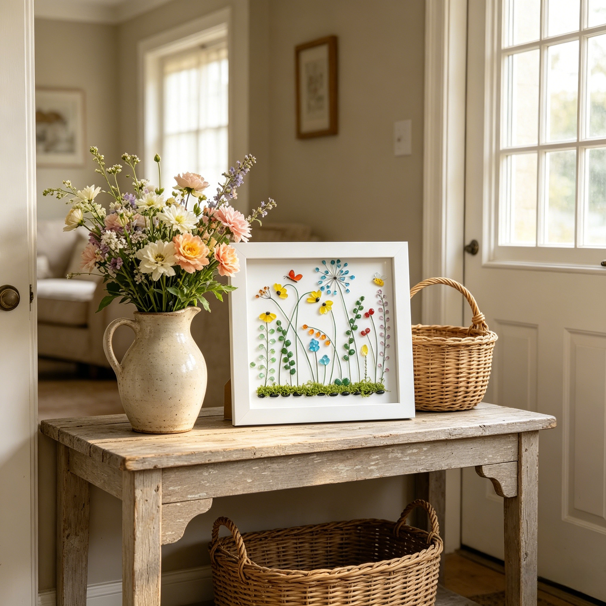 Handmade Beach Glass Flower Garden Picture