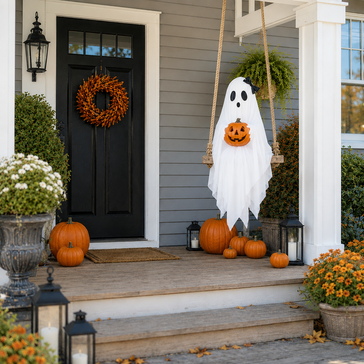 Lighted Ghost Swing with Glowing Pumpkin