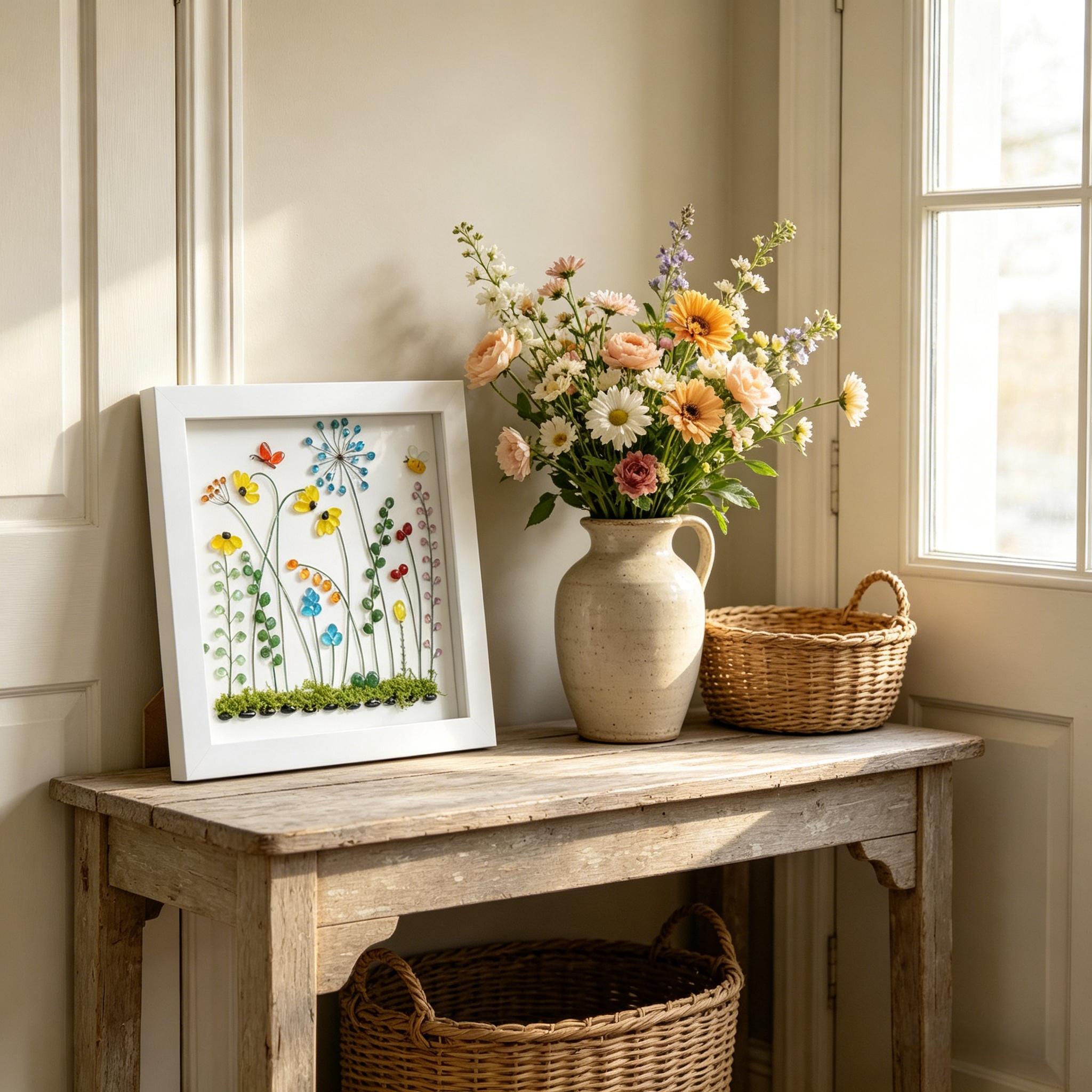 Handmade Beach Glass Flower Garden Picture