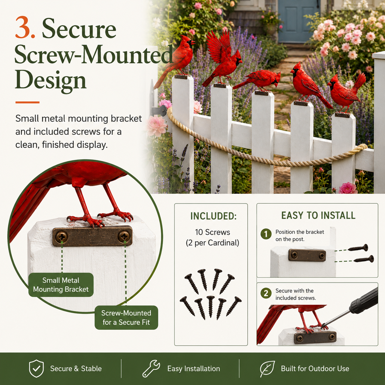 5-Piece Metal Cardinal Fence Post Decor Set