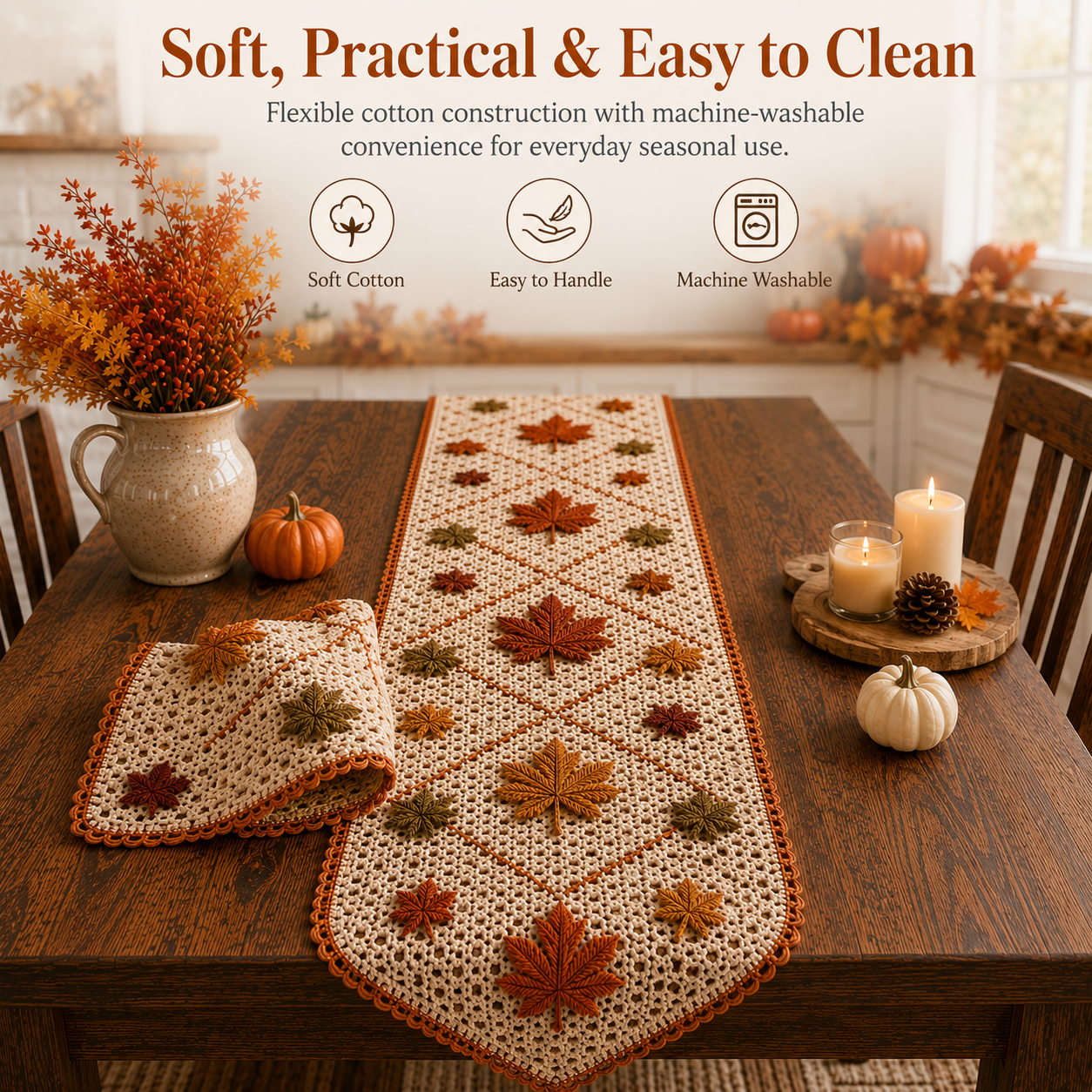 Vintage Crochet Autumn Leaves Table Runner