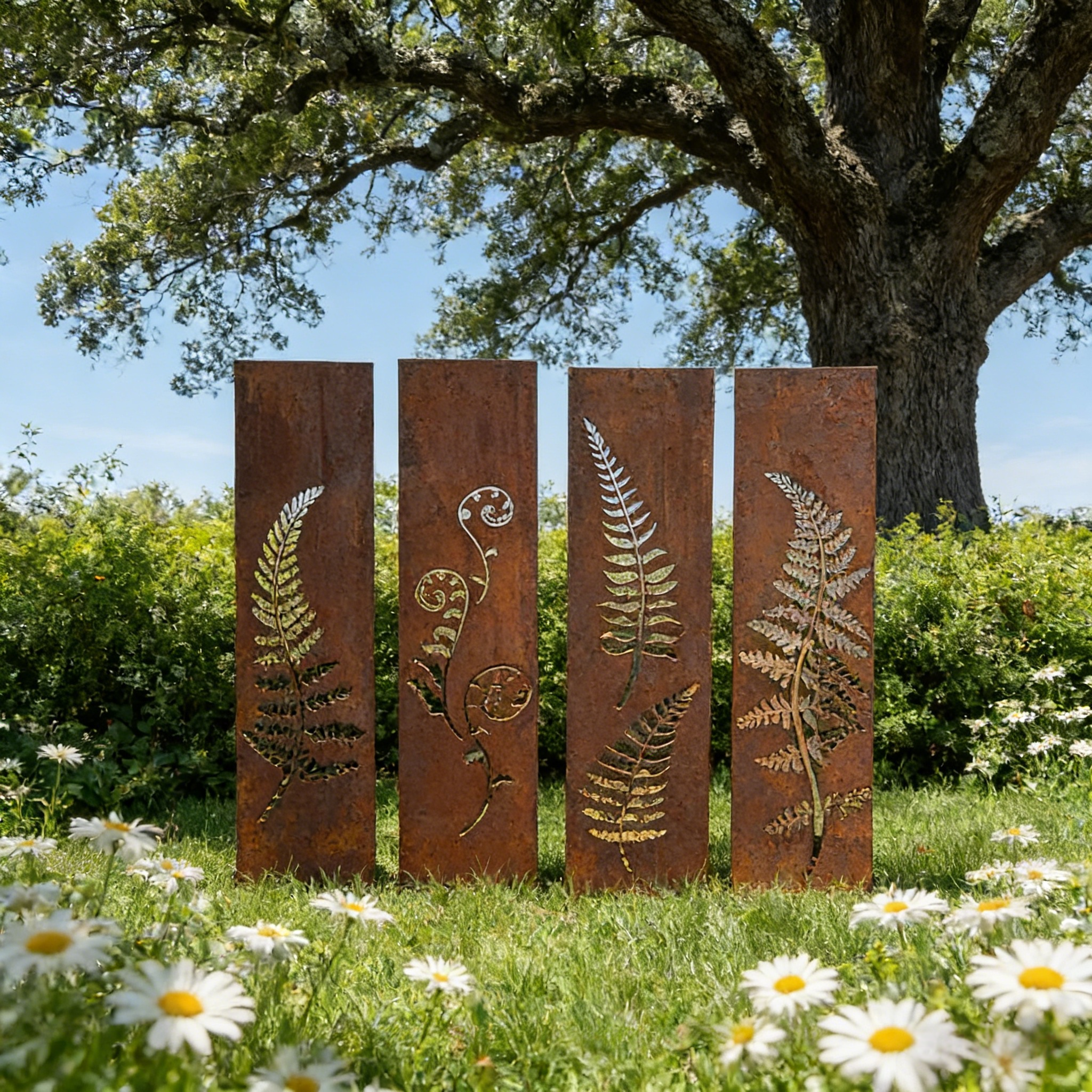 Hand-Welded Rustic Elegant Iron Fern Panel Privacy Screen - 4 Pcs