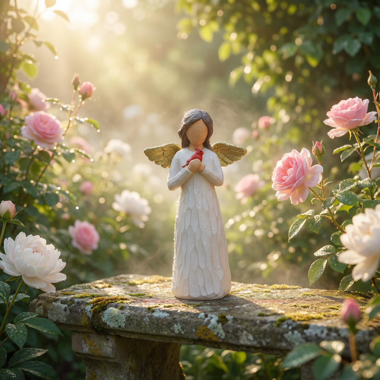 Gold Wing Guardian Angel Statue with Cardinal Bird