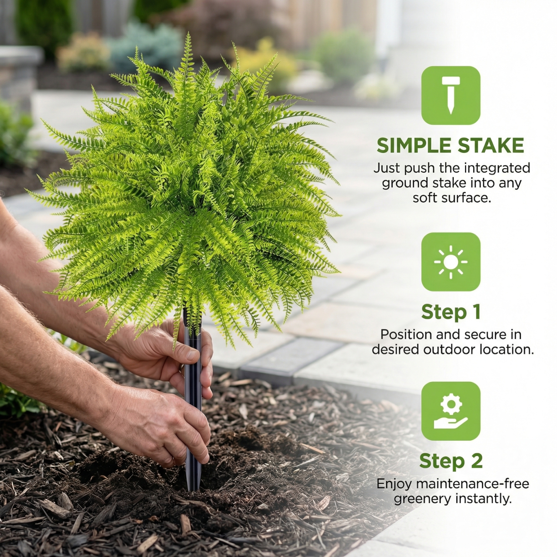 UV Resistant Lush Artificial Boston Fern with Integrated Ground Stake