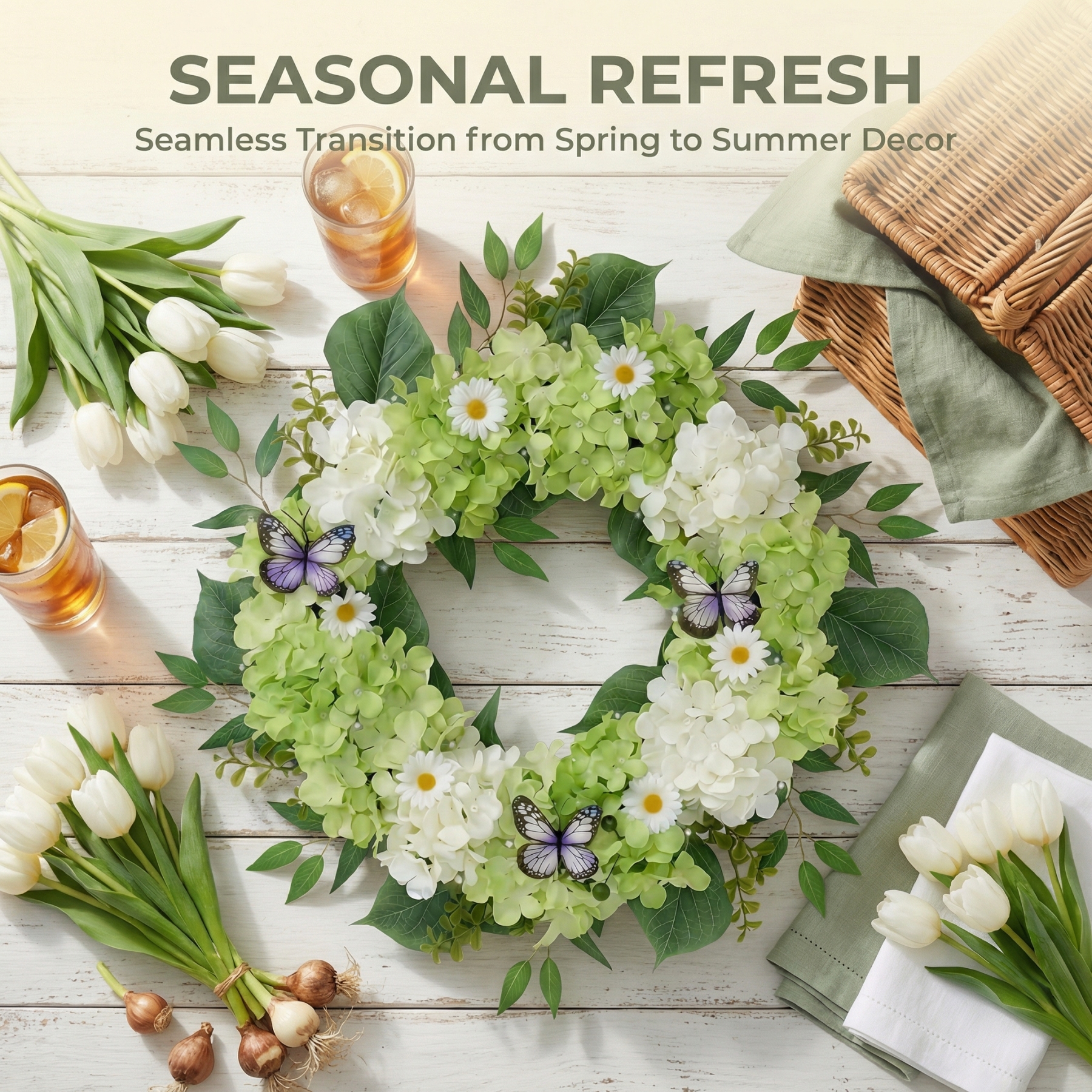 Silk Green White Hydrangeas Floral Wreath