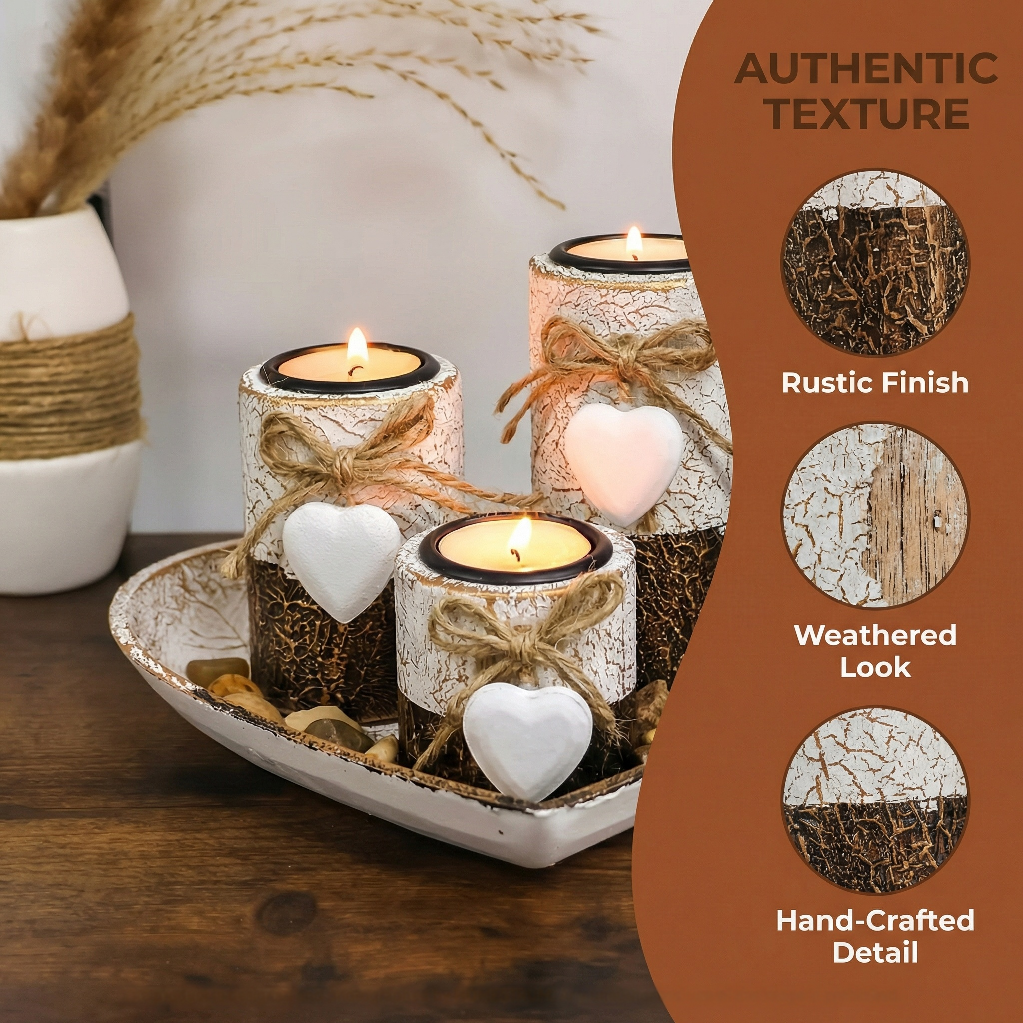 Complete Wooden Heart Candlestick Set