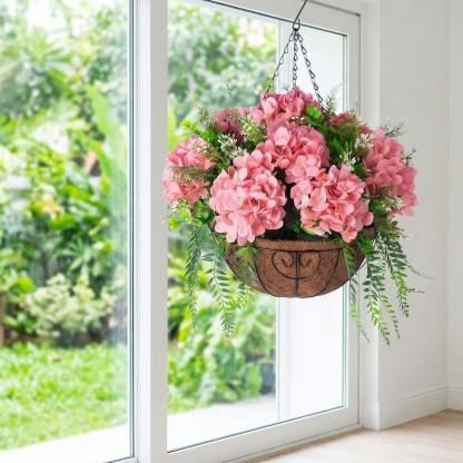 Hanging Fake Silk Hydrangea Flowers with Basket