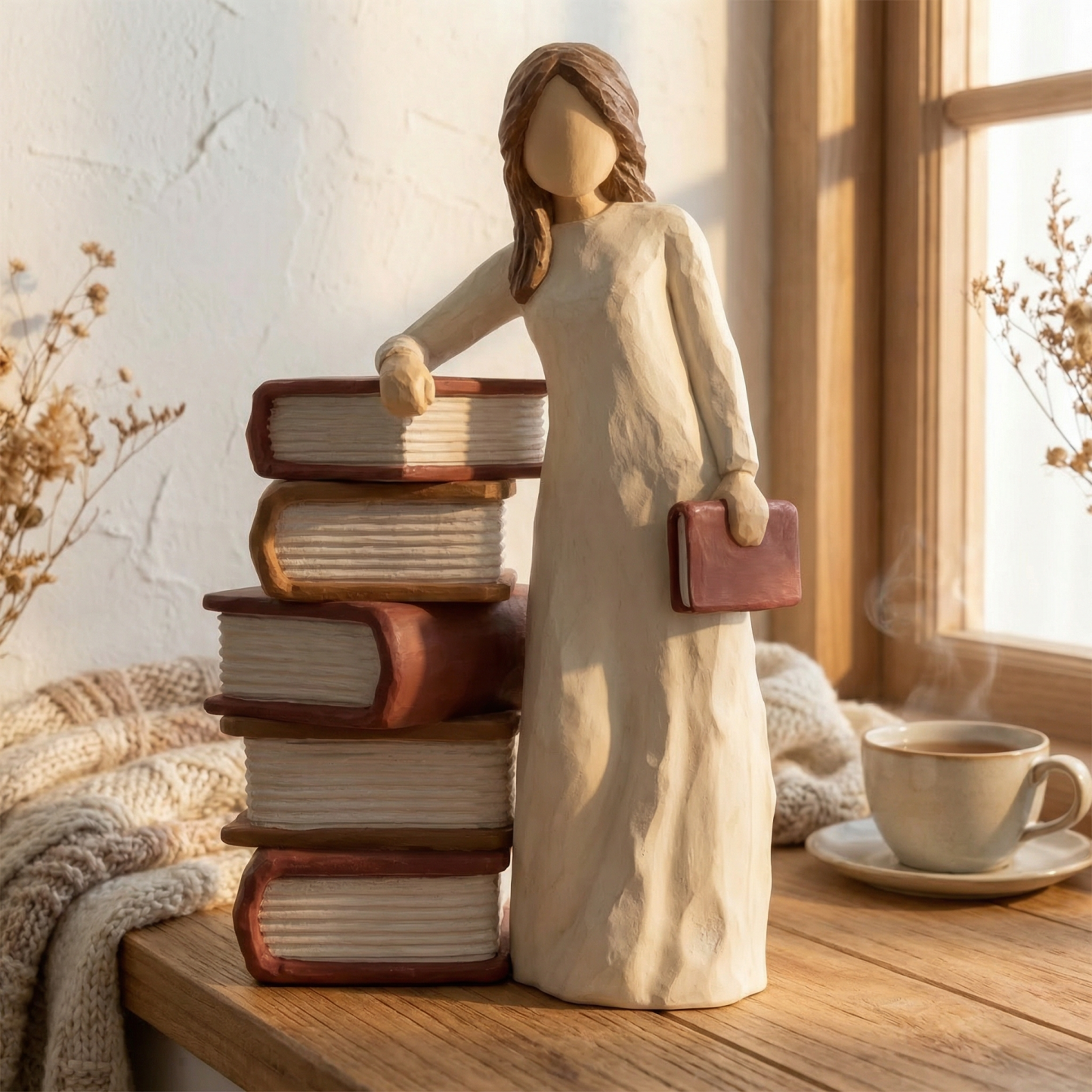 Charming Girl Holding Book Figurines
