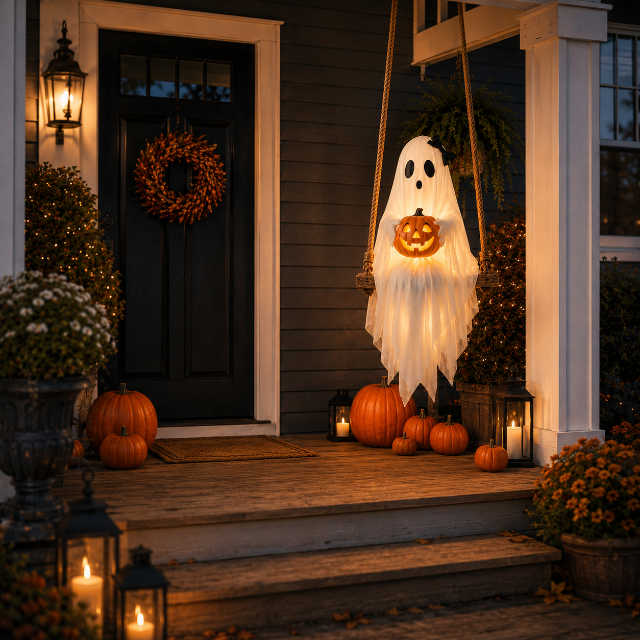 Lighted Ghost Swing with Glowing Pumpkin