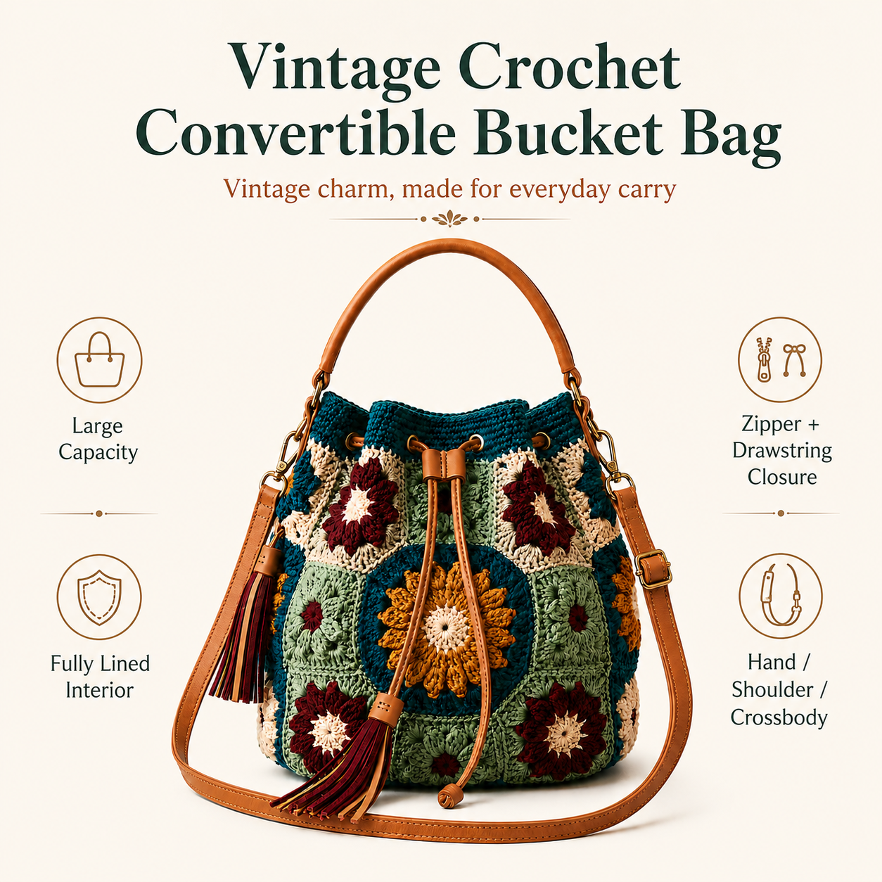 Vintage Crochet Convertible Bucket Bag