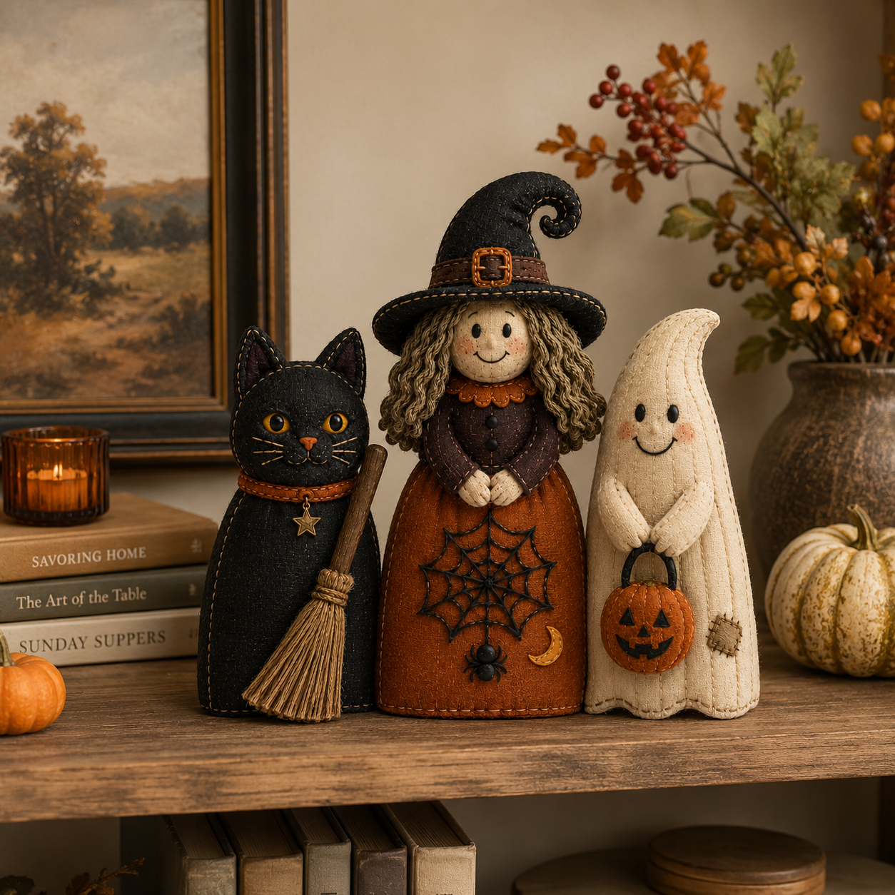 Vintage Halloween Fabric Sitters, Set of 3
