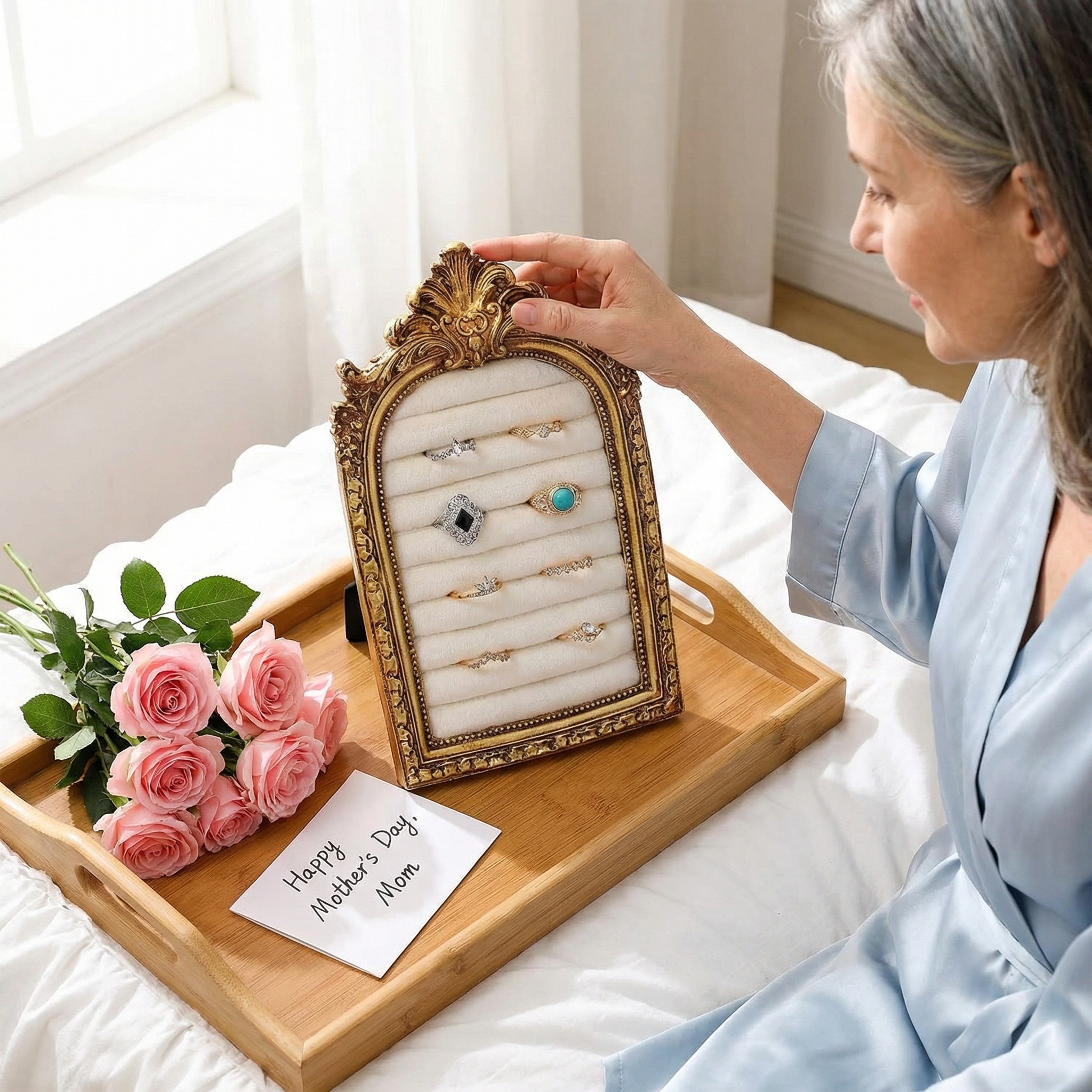 Vintage Ring Holder Arch – Antique Gold Suede Jewelry Display Frame