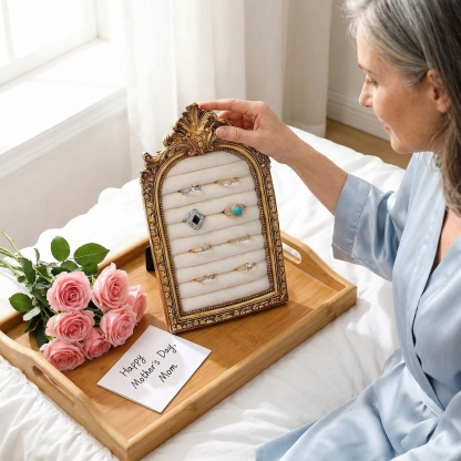 Vintage Ring Holder Arch – Antique Gold Suede Jewelry Display Frame