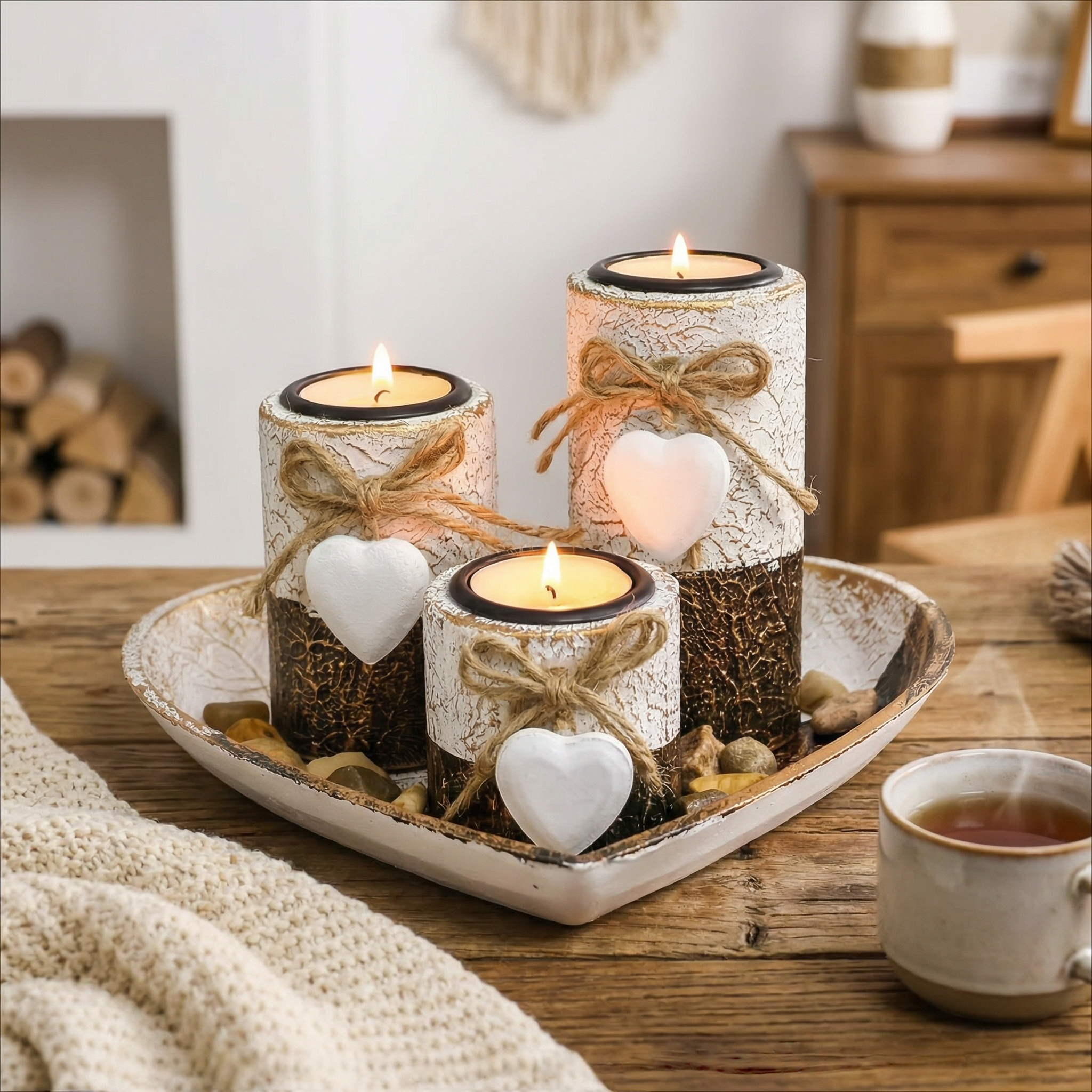 Complete Wooden Heart Candlestick Set