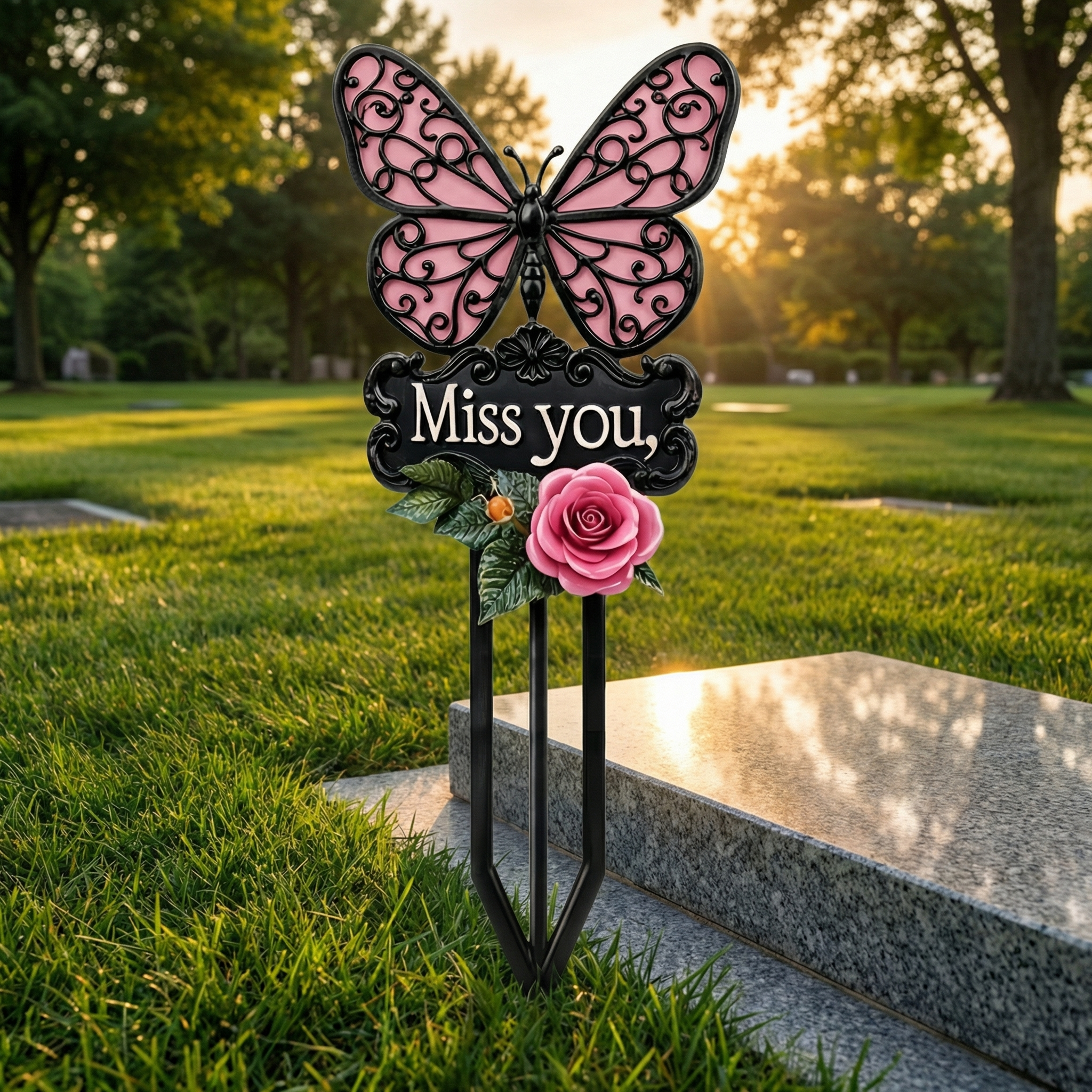 Butterfly & Rose Iron Memorial Stake