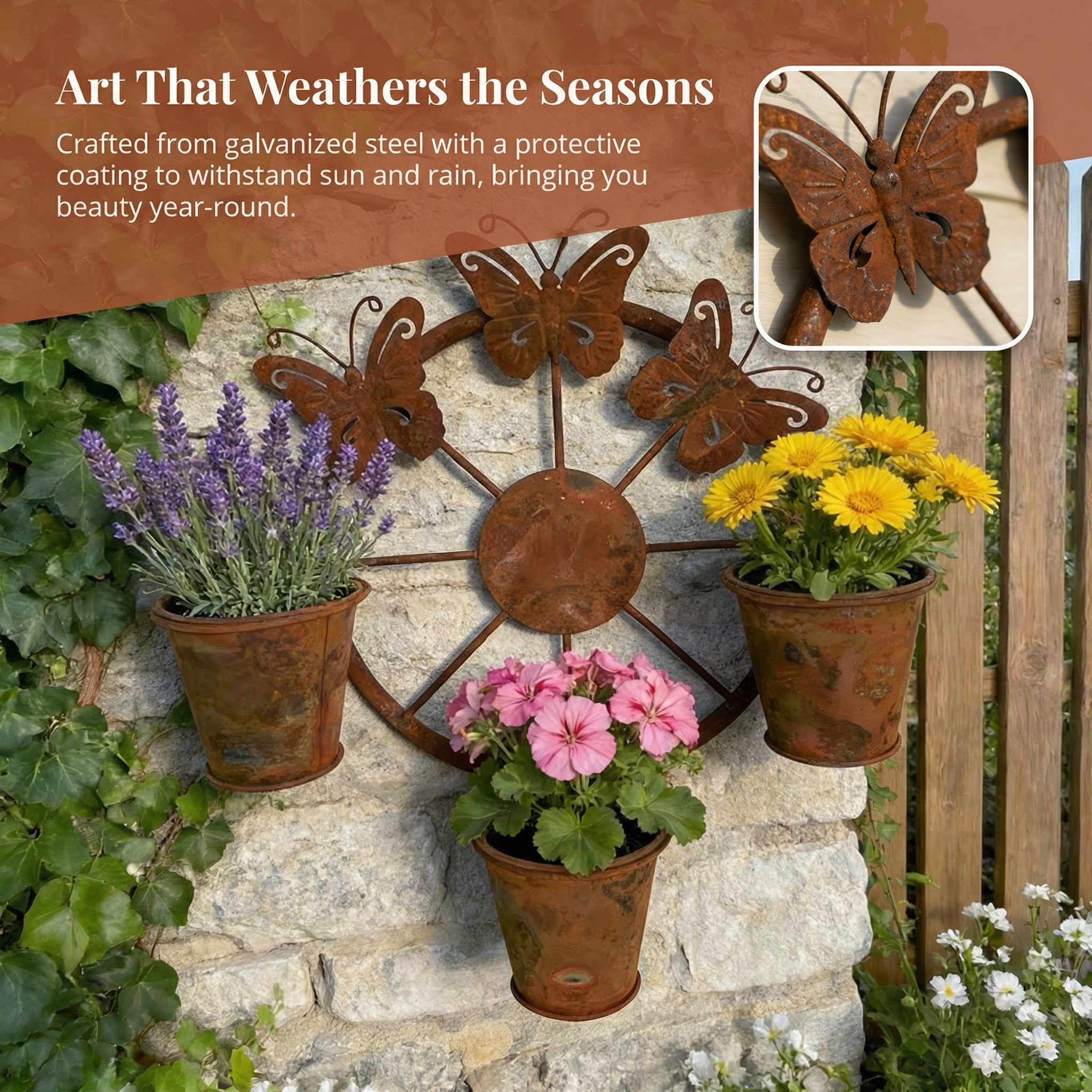 Vintage Distressed Metal Butterfly Wagon Wheel Wall Planter