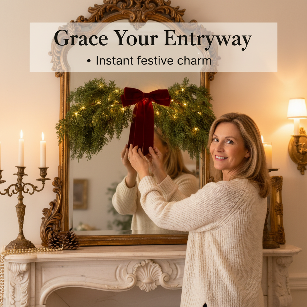 Lighted Cedar Pine Swag with Velvet Bow, Battery Operated with Timer 60 LED Fairy Lights