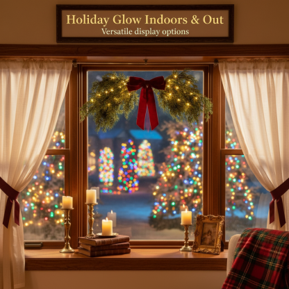 Lighted Cedar Pine Swag with Velvet Bow, Battery Operated with Timer 60 LED Fairy Lights