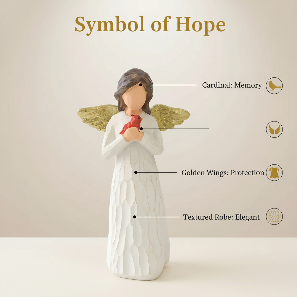 Gold Wing Guardian Angel Statue with Cardinal Bird