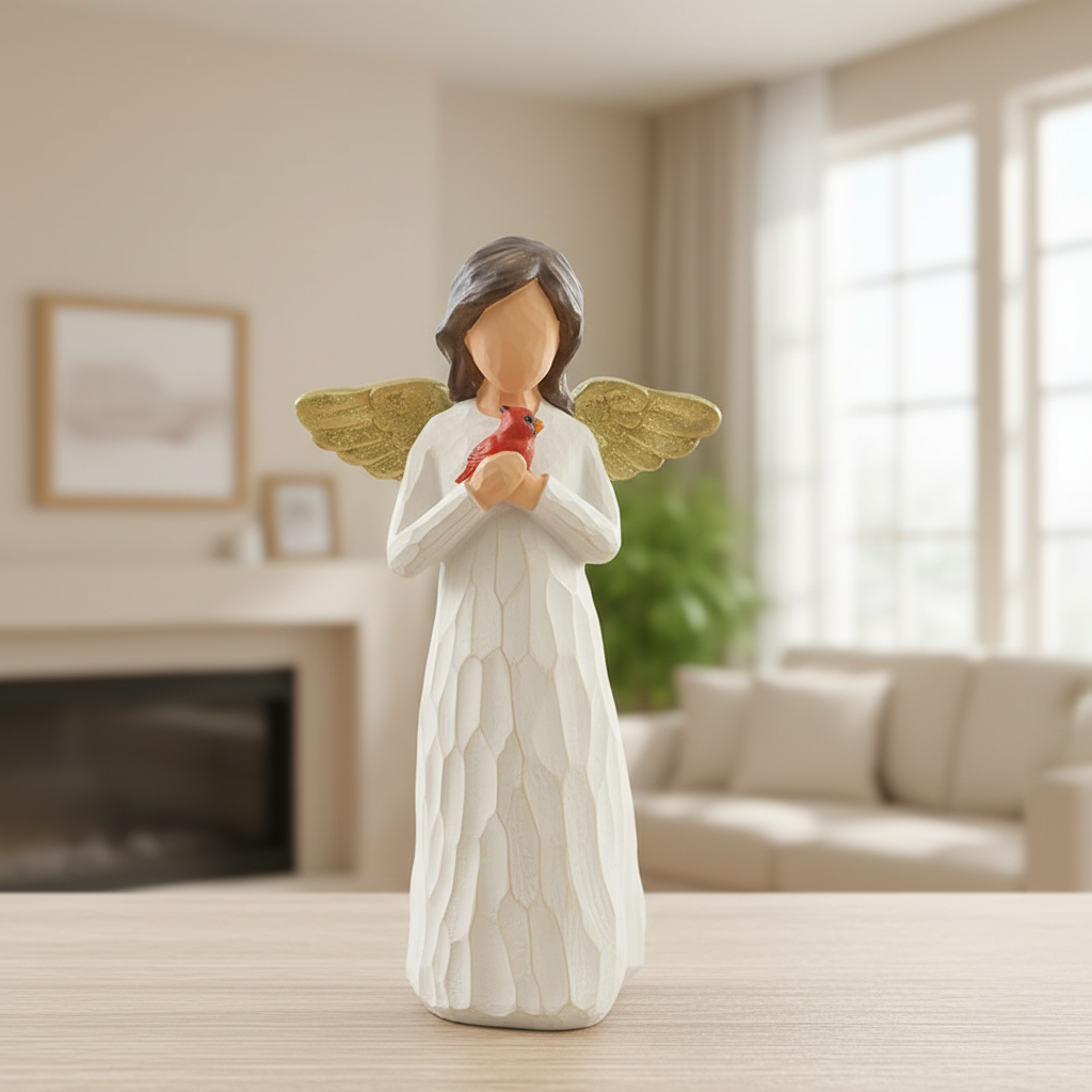 Gold Wing Guardian Angel Statue with Cardinal Bird