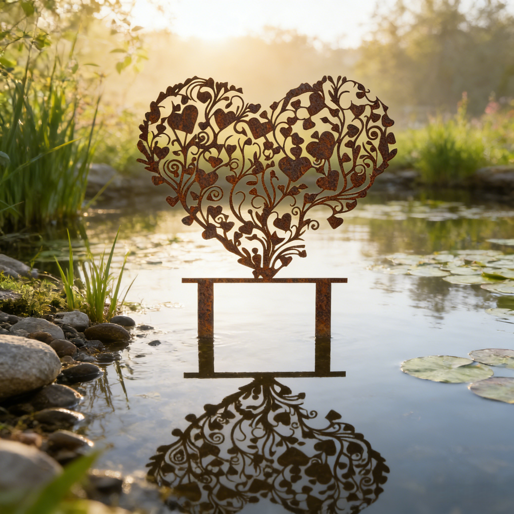 Rust-covered Elegant Heart-Shaped Metal Garden Stake Sculpture