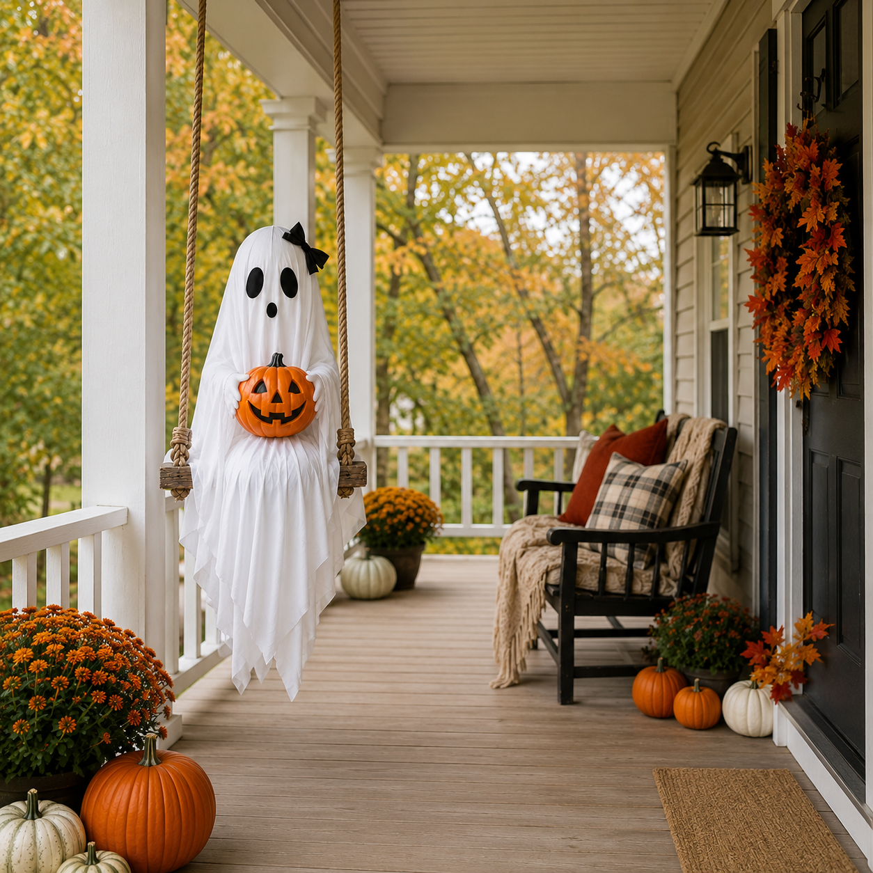 Lighted Ghost Swing with Glowing Pumpkin