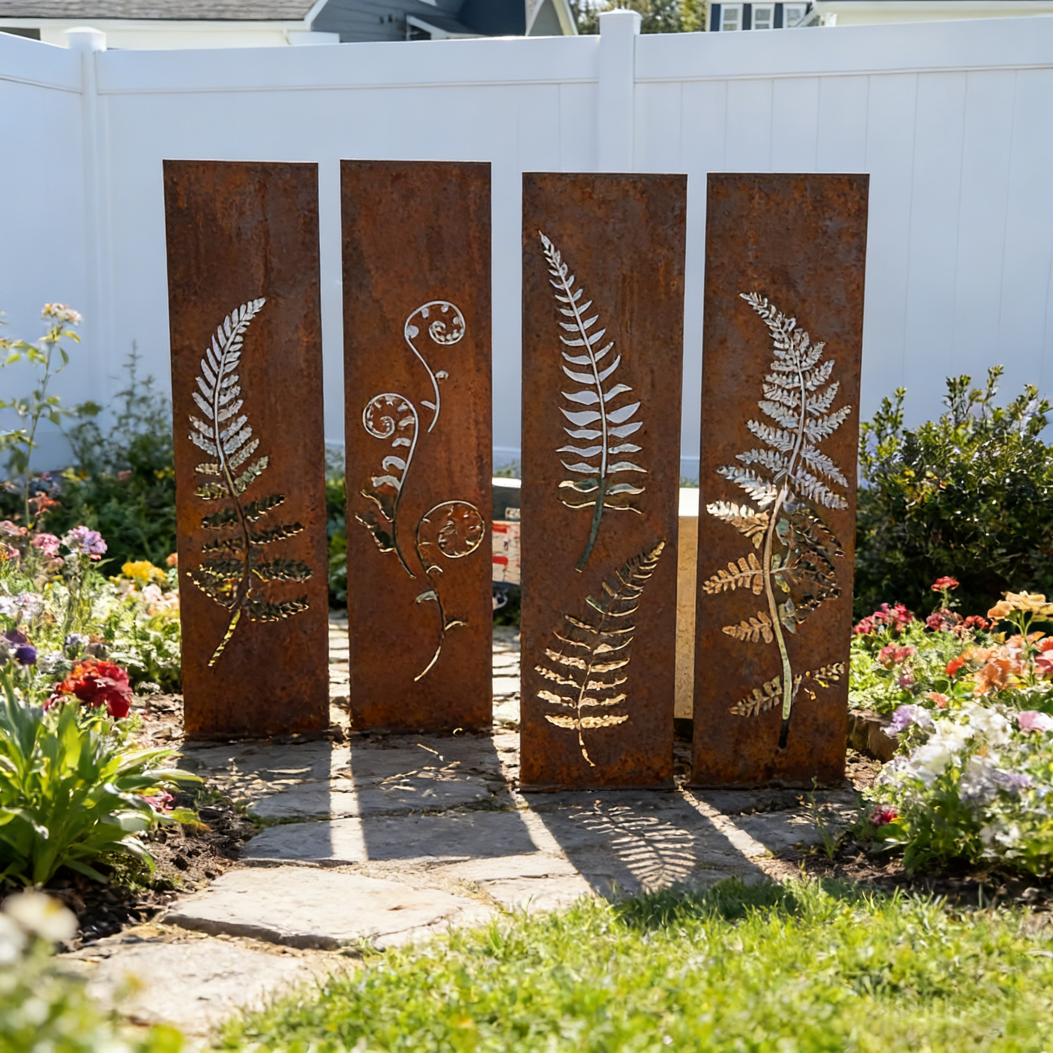 Hand-Welded Rustic Elegant Iron Fern Panel Privacy Screen