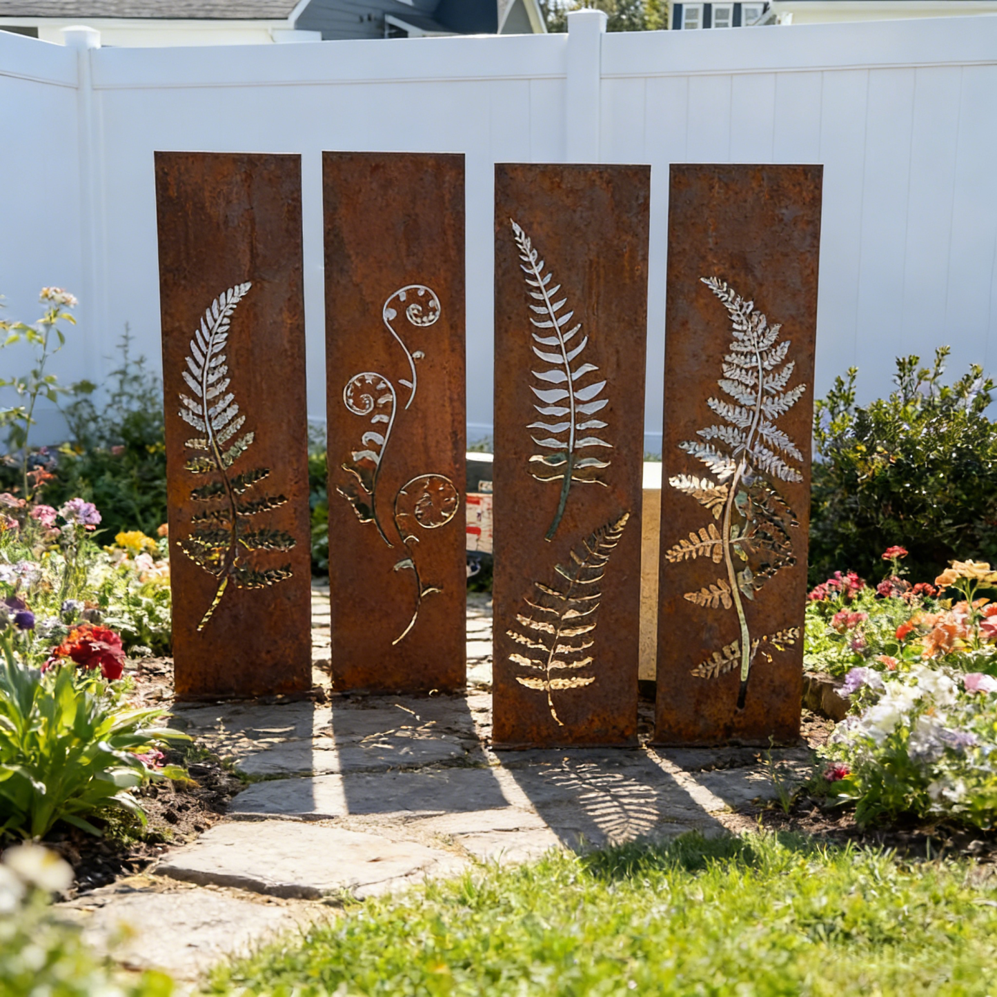 Hand-Welded Rustic Elegant Iron Fern Panel Privacy Screen