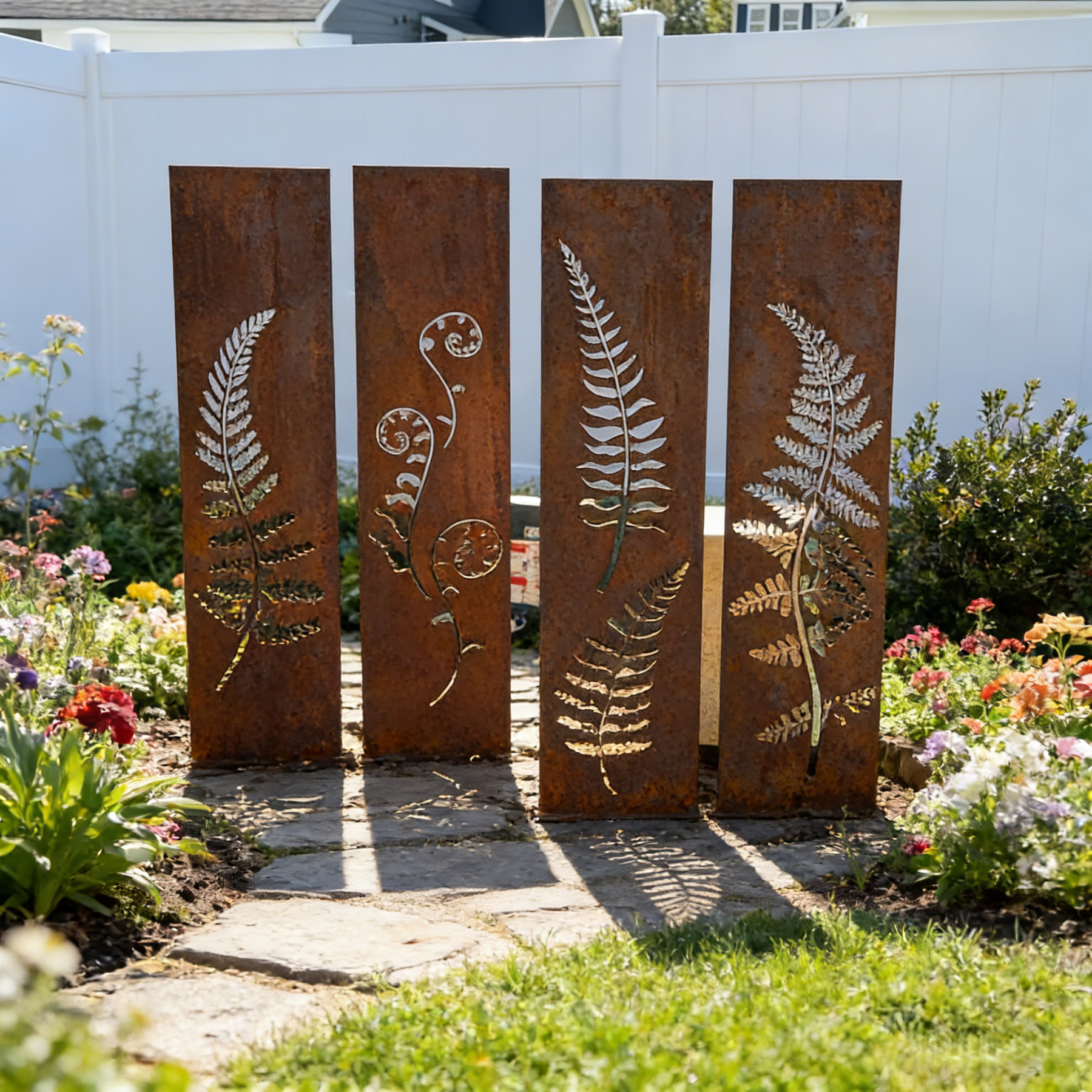 Hand-Welded Rustic Elegant Iron Fern Panel Privacy Screen
