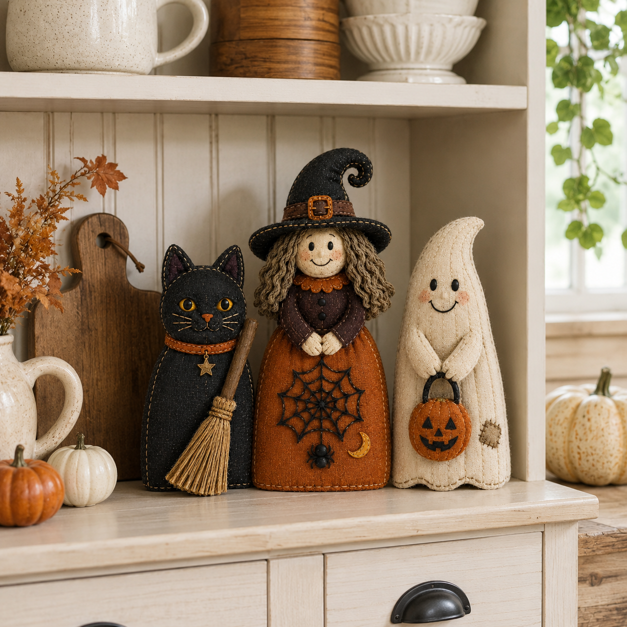 Vintage Halloween Fabric Sitters, Set of 3