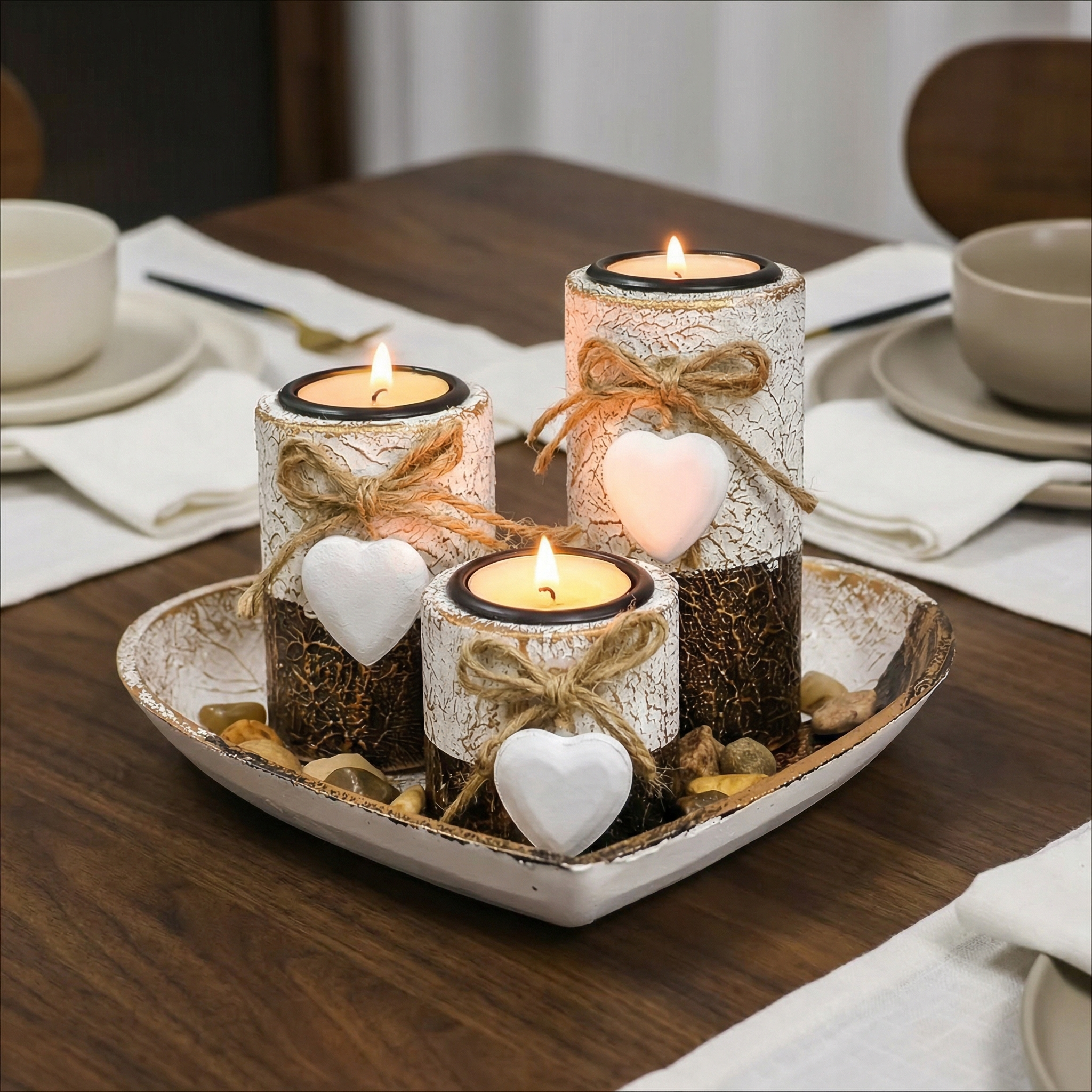 Complete Wooden Heart Candlestick Set