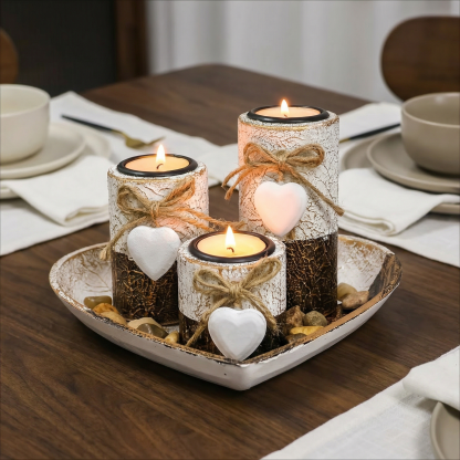 Complete Wooden Heart Candlestick Set