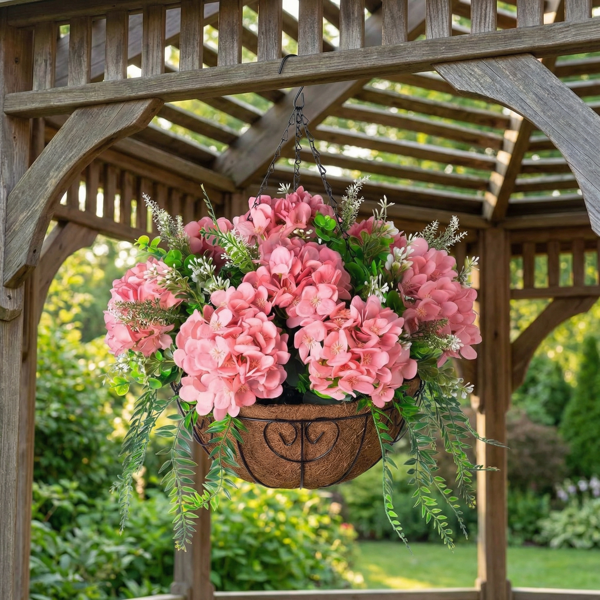 Hanging Fake Silk Hydrangea Flowers with Basket