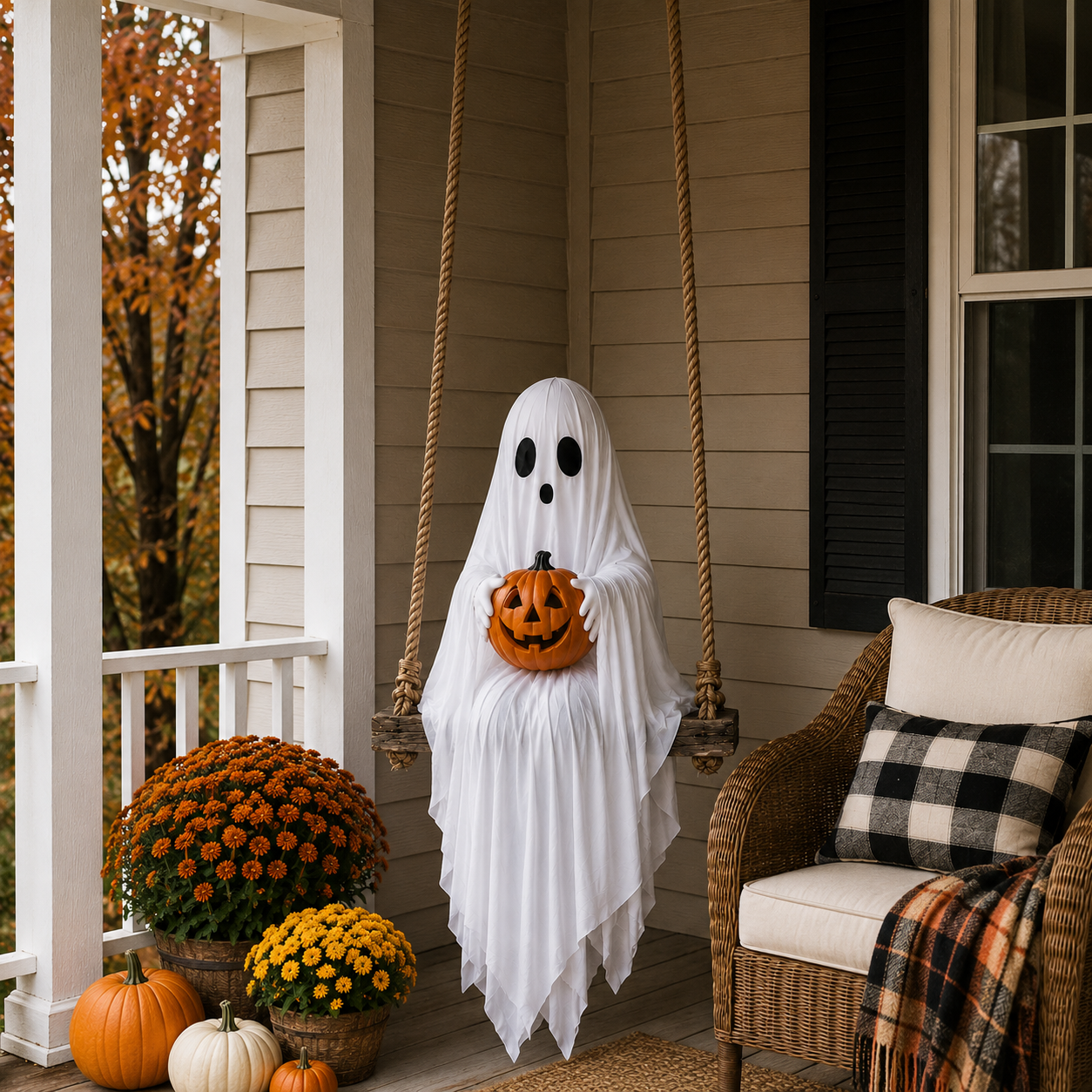 Lighted Ghost Swing with Glowing Pumpkin