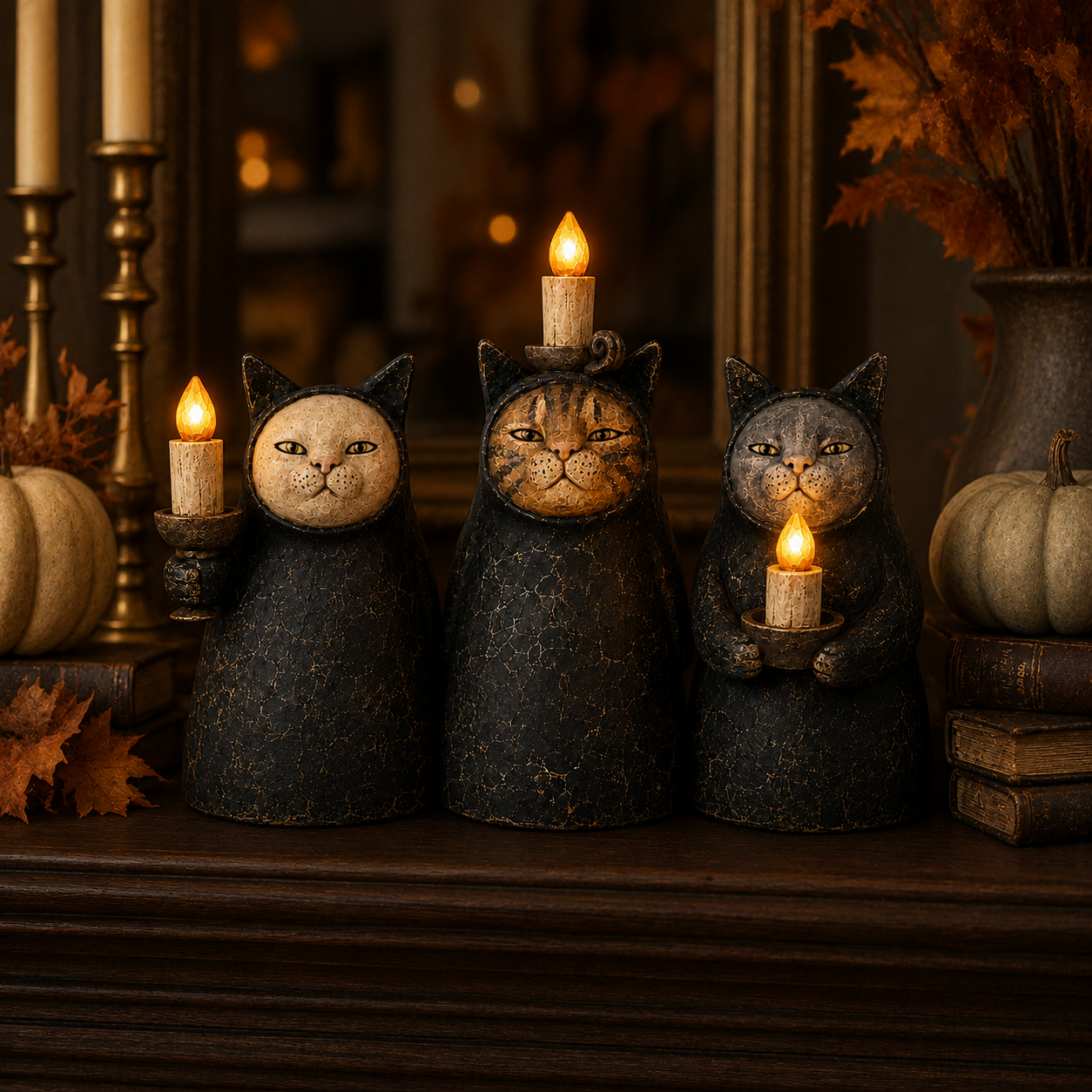 3-Piece Mysterious Hooded Cat Candlelight Figurine