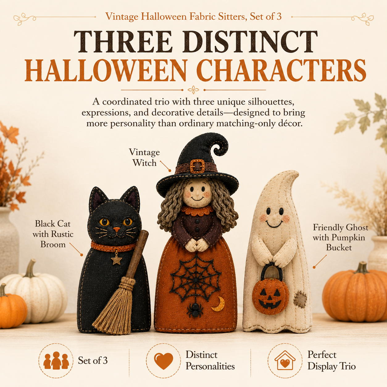 Vintage Halloween Fabric Sitters, Set of 3