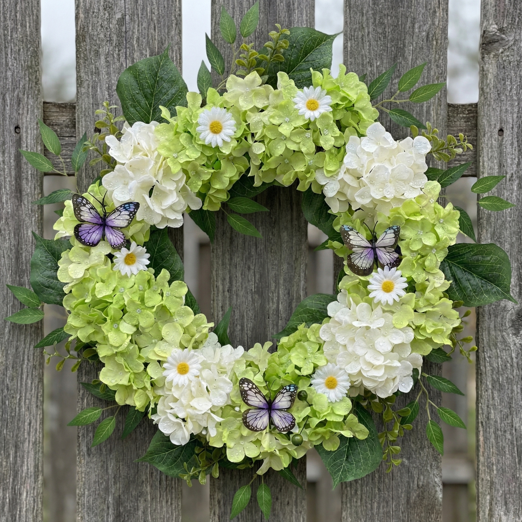 Silk Green White Hydrangeas Floral Wreath